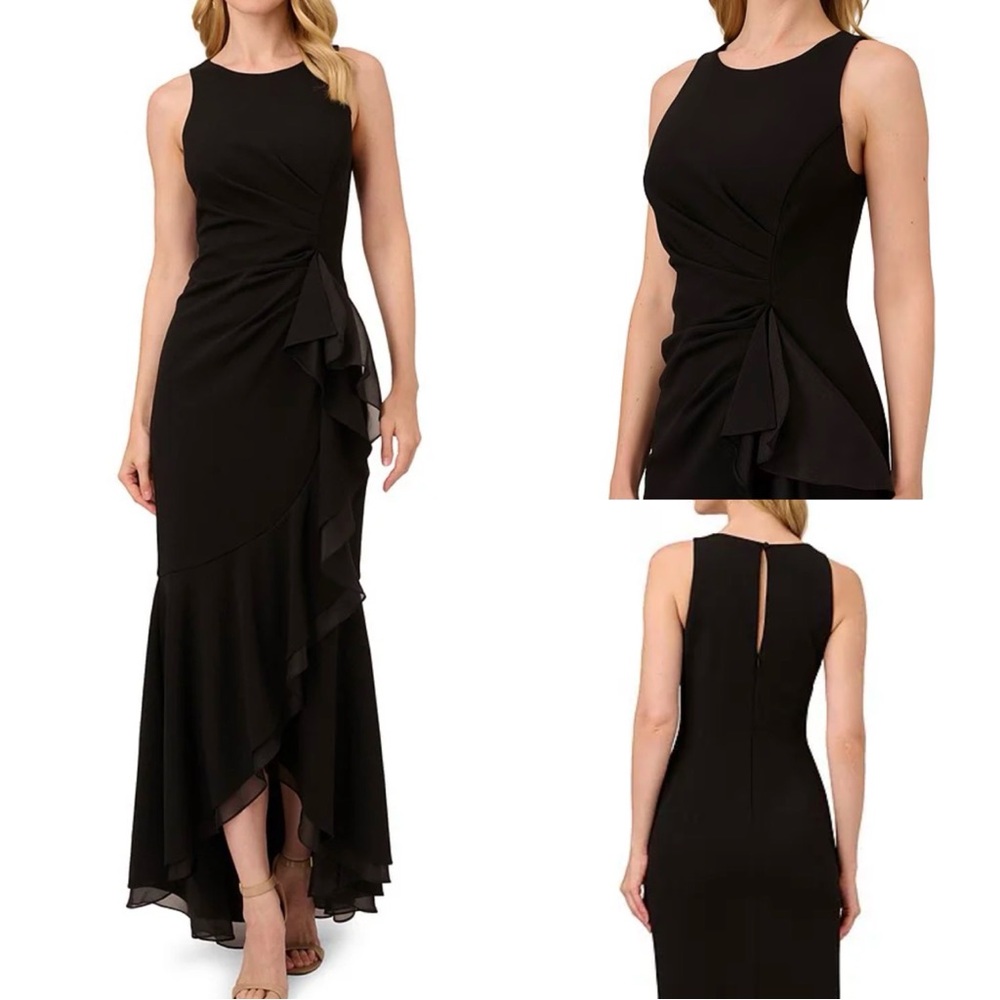 Adrina Papell Crew Neck Sleeveless Casca Elegant Black Ruffle-Front Maxi Dress